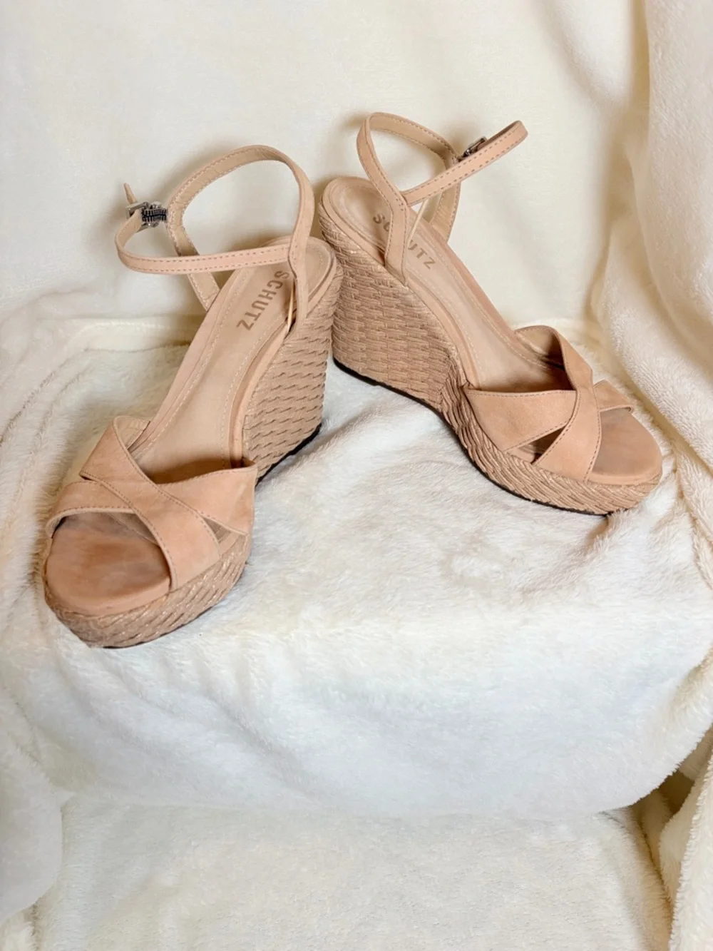 SCHUTZ Nude Tan‎ Wedge Espadrille Sandals with Ankle Strap